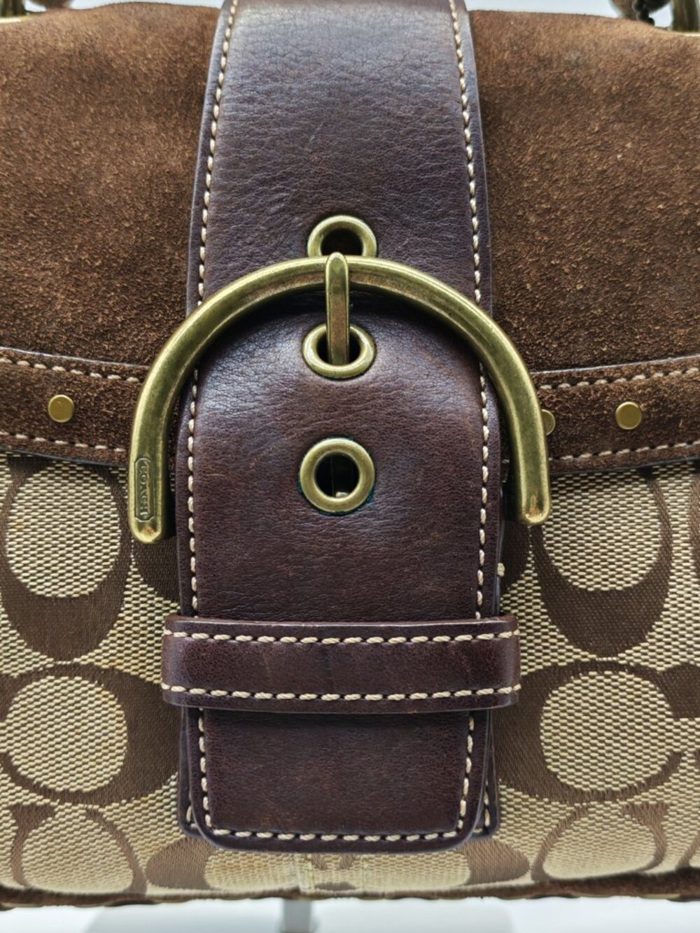 Coach Soho Signature Canvas Suede Buckle Flap Satchel Handbag Brown Studded Y2K - Picture 7 of 15